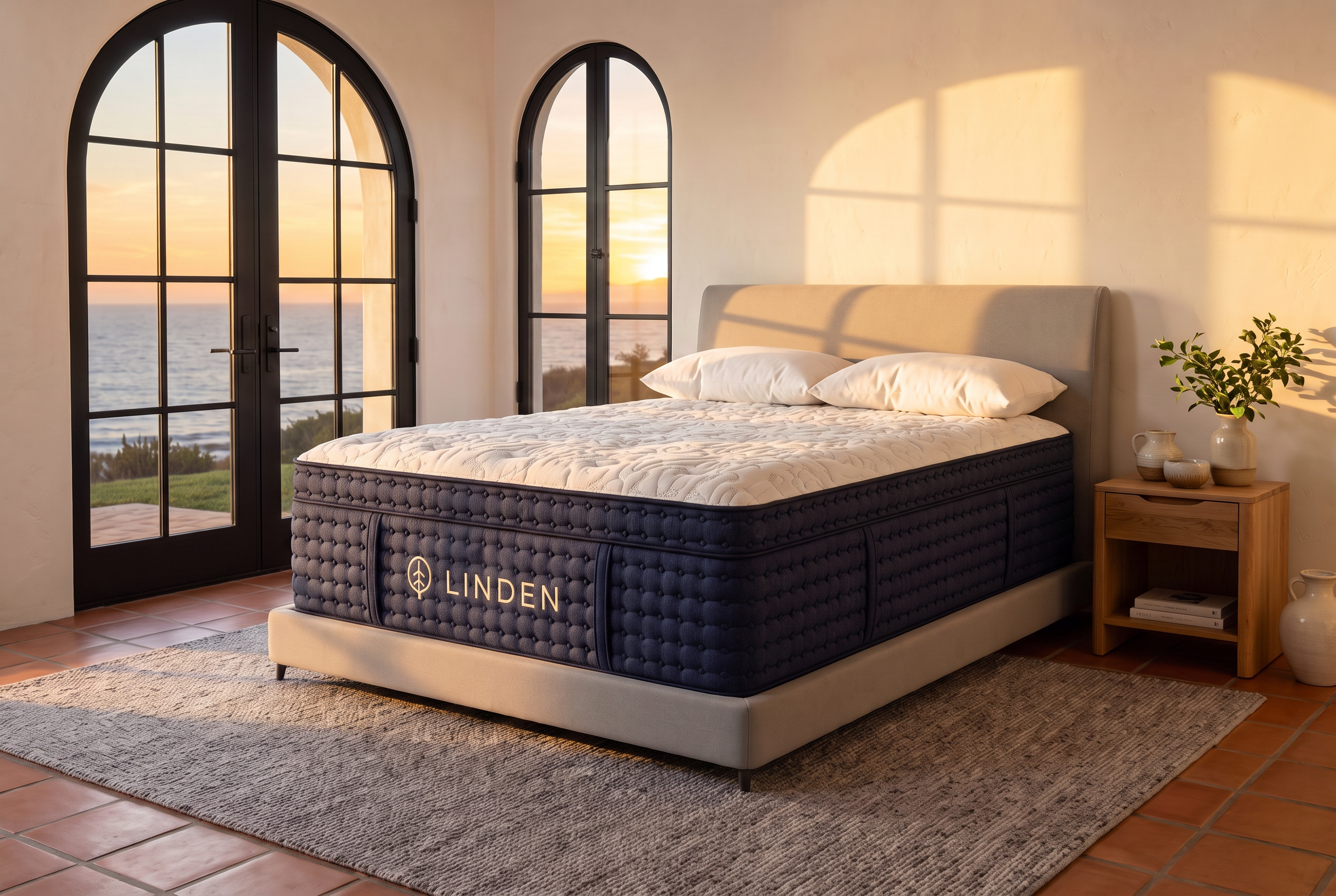 Blue LINDEN hybrid mattress in three-quarter product view