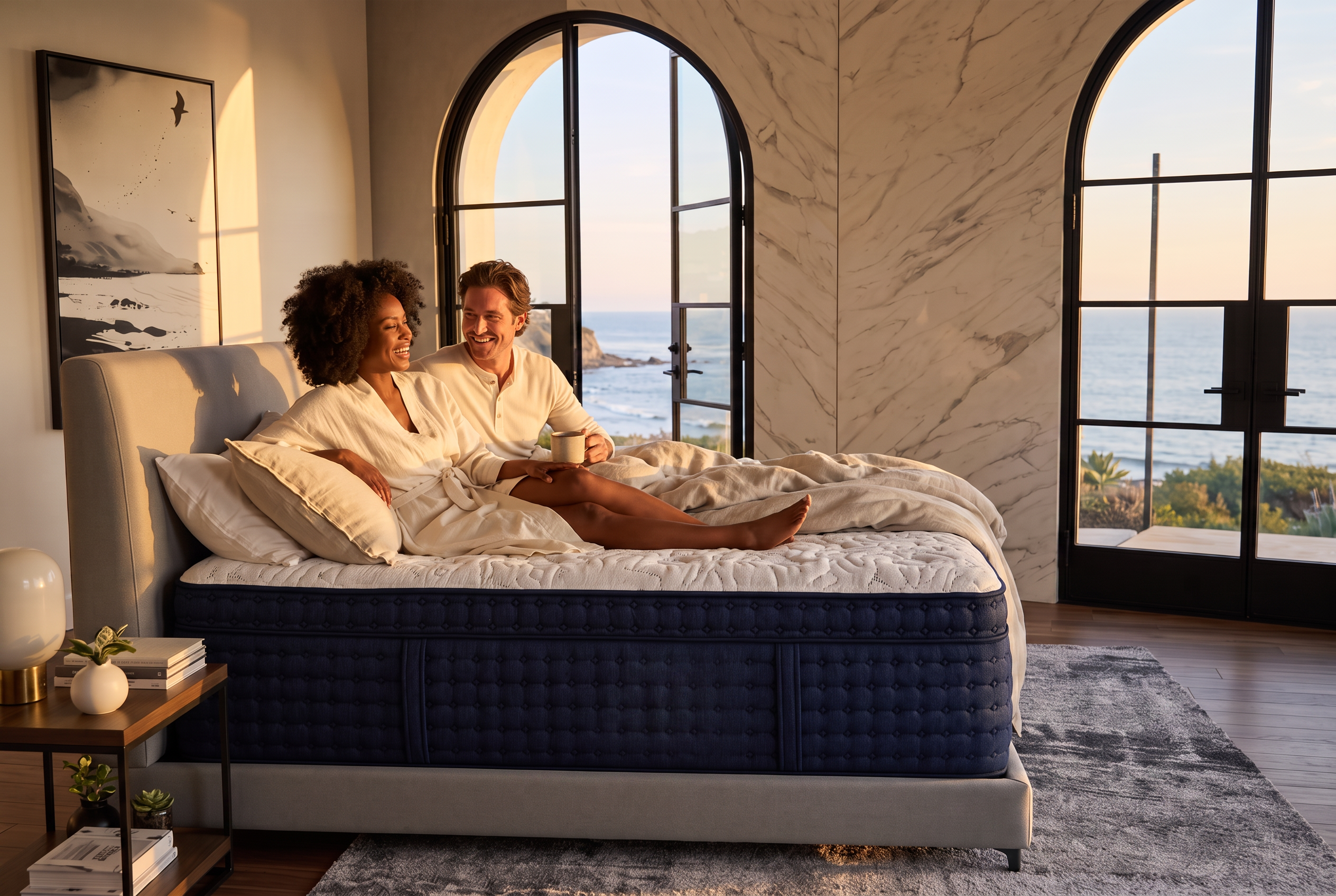 A couple in pajamas making the bed on the LINDEN mattress in a Santa Barbara style bedroom with arched steel doors, warm stucco walls, and terracotta floors at golden hour