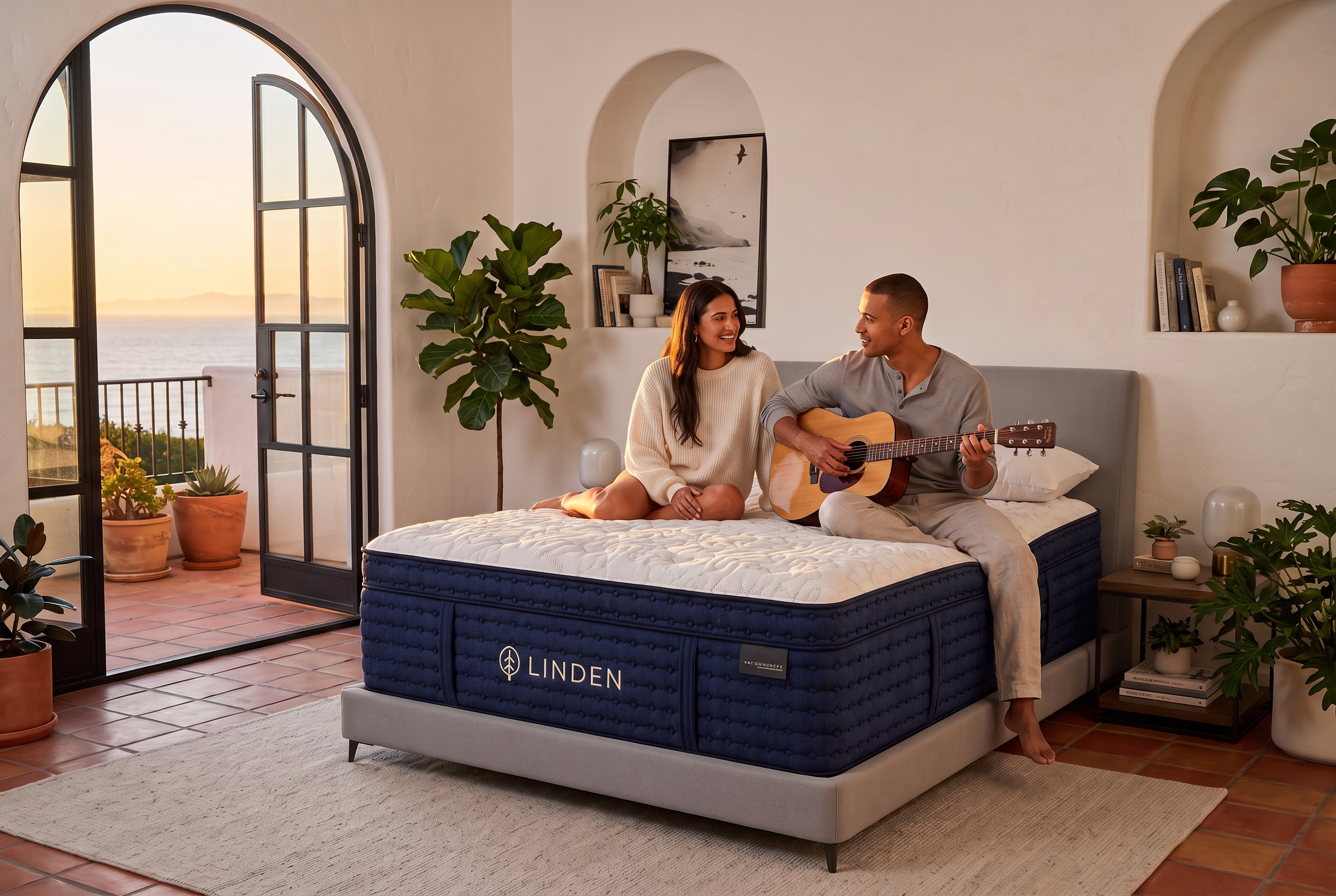 Person reading on the LINDEN mattress in a Santa Barbara coastal bedroom with arched windows, stucco walls, and an ocean view at golden hour
