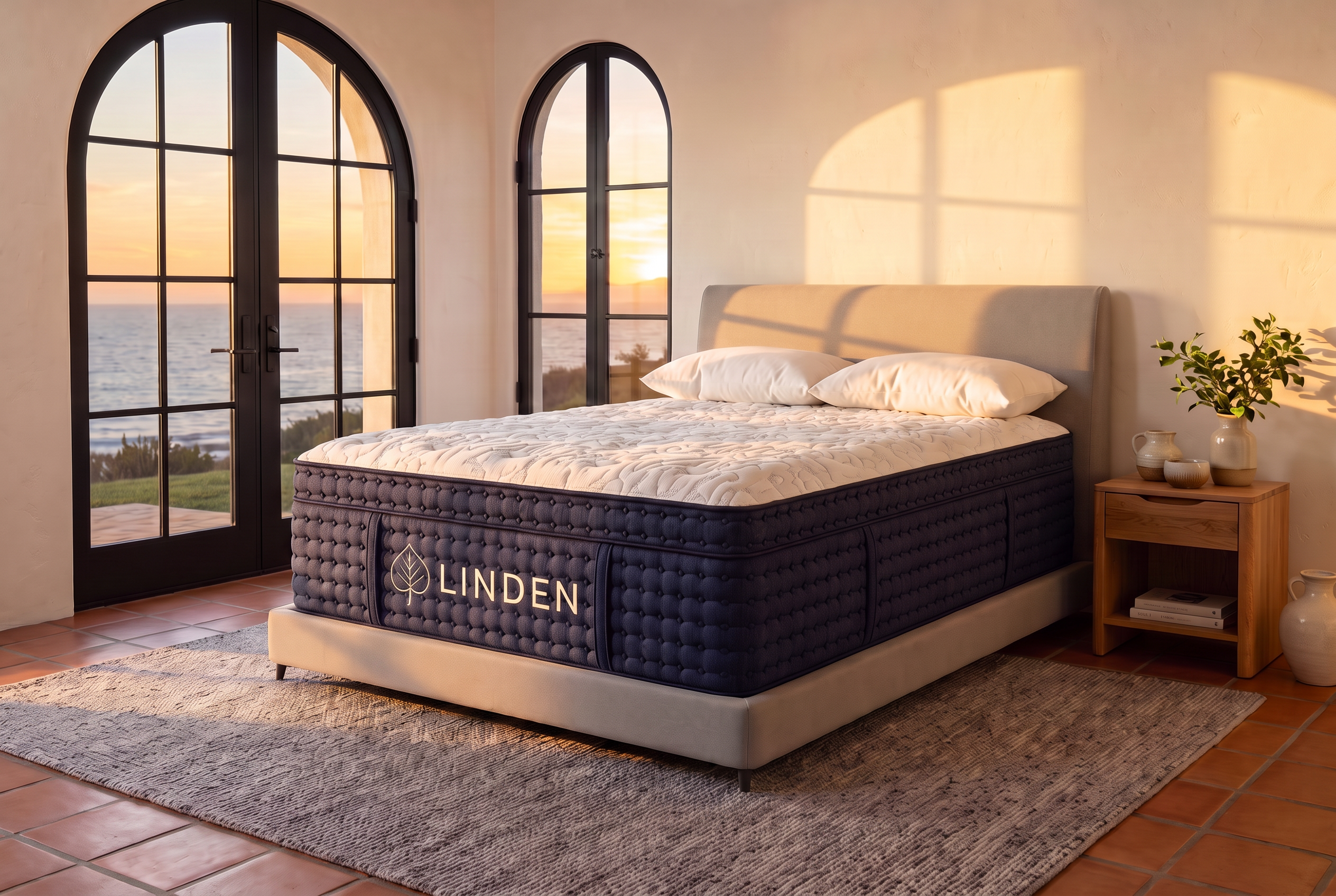 Linden mattress styled in a coastal Southern California bedroom with ocean views