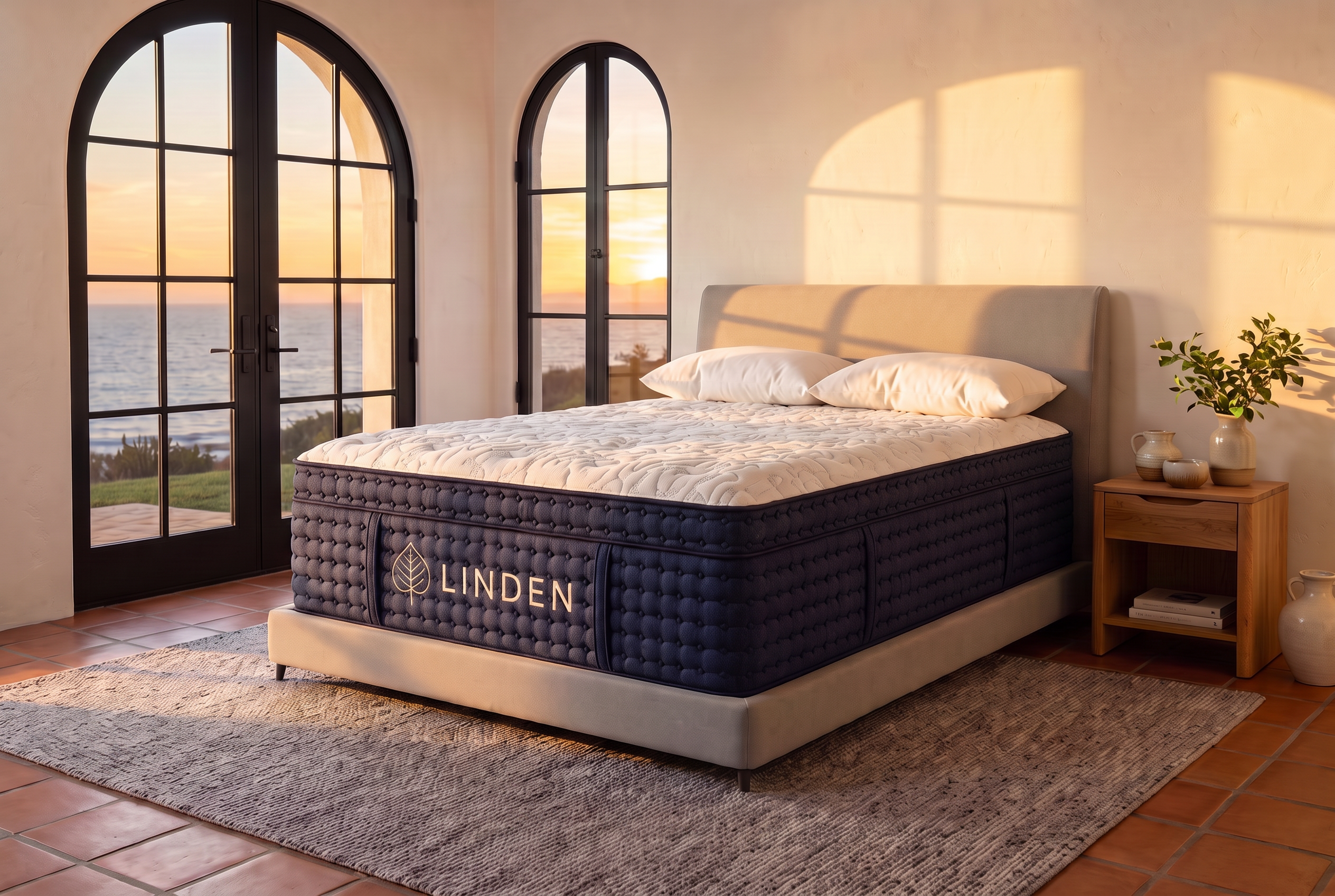 Sunlit Santa Barbara bedroom with limewash walls, tall windows, and the LINDEN mattress made up in natural linen