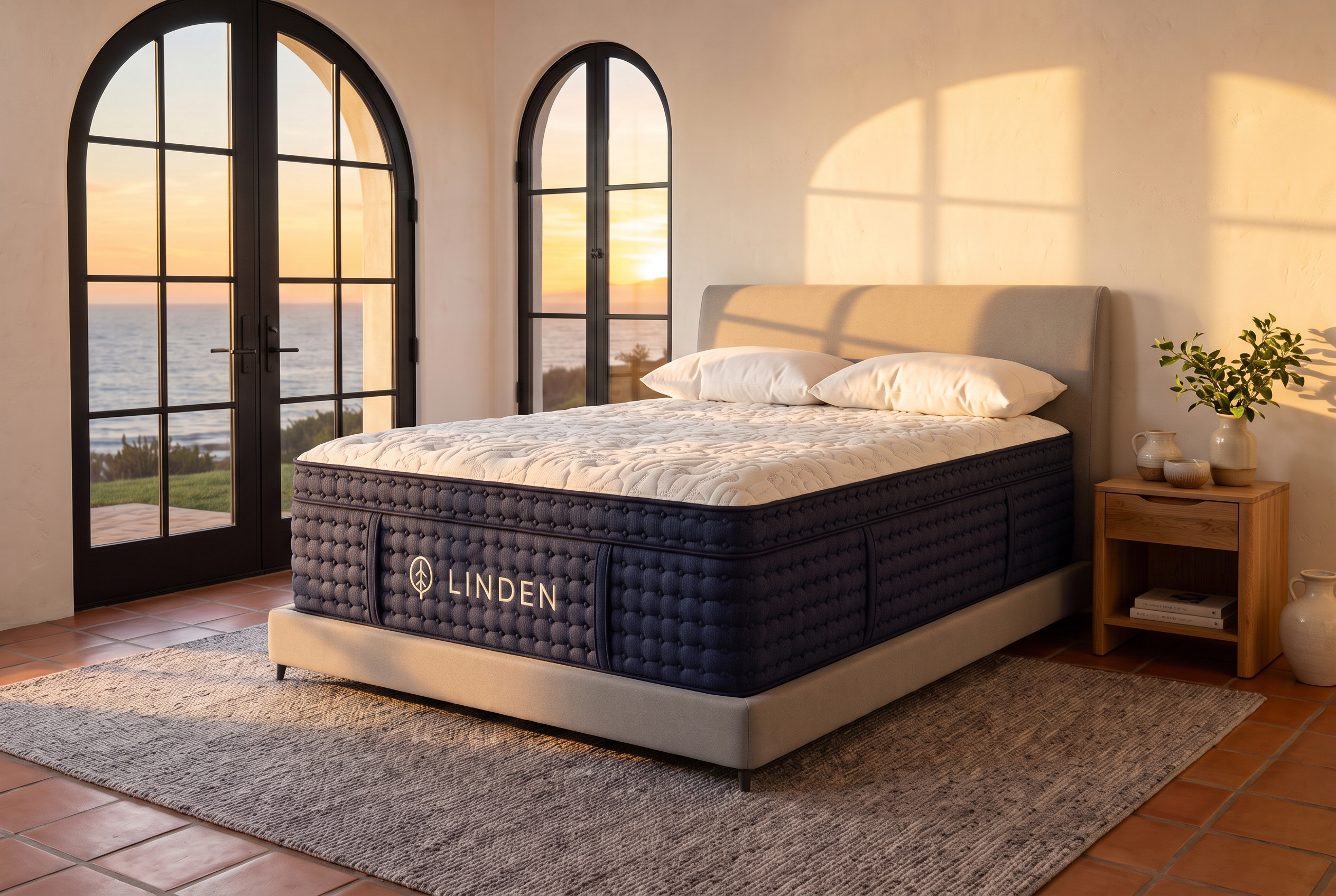 A smiling Latina woman relaxing on the LINDEN mattress in a Santa Barbara design-magazine bedroom with arched steel doors, warm stucco walls, and an ocean view at golden hour