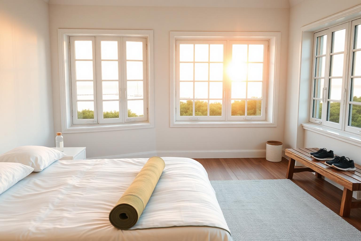 A bright coastal bedroom at sunrise with a yoga mat at the foot of a neatly made white bed
