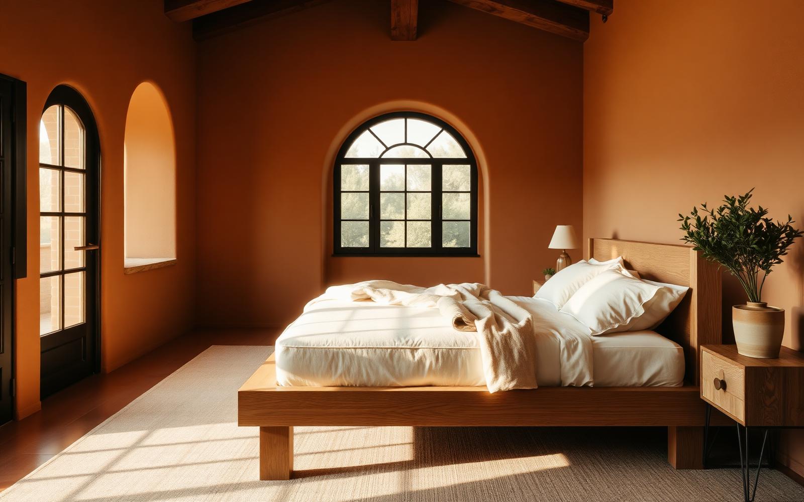 An oak platform bed frame with ivory bedding in a warm Santa Barbara bedroom at golden hour