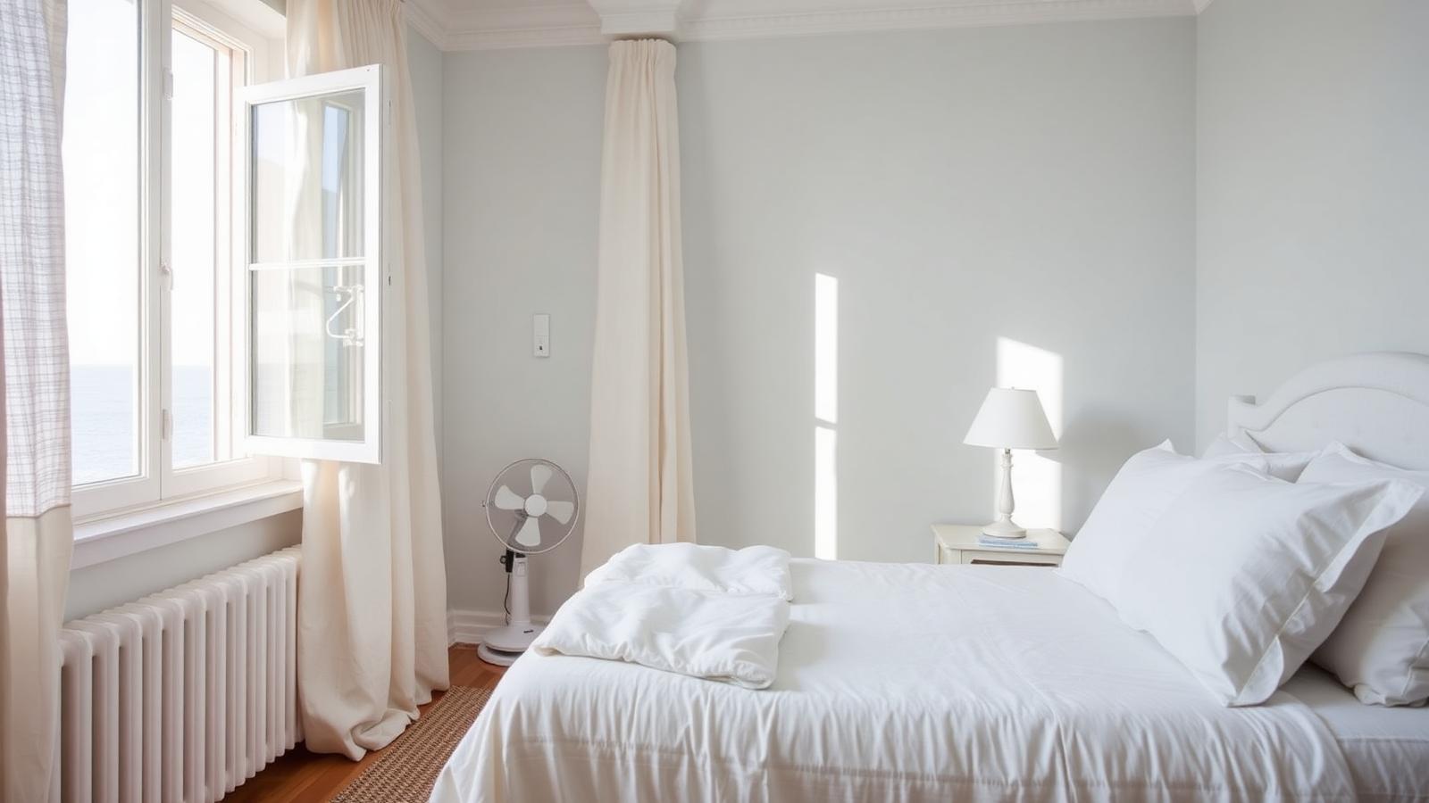 A cool, airy coastal bedroom with an open window and crisp white bedding
