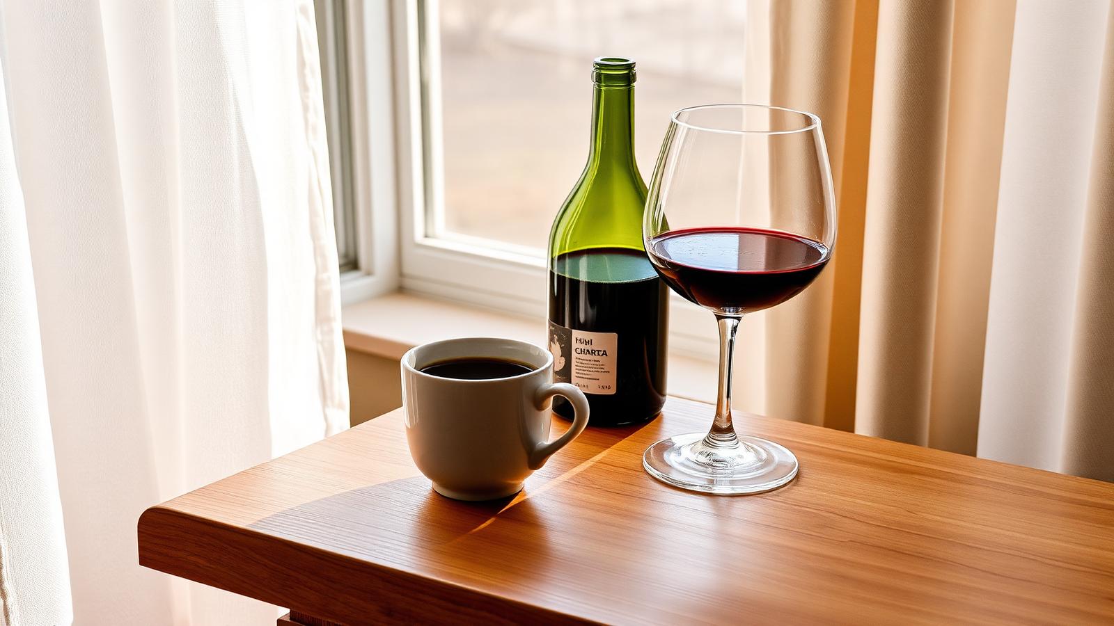 A cup of coffee and a glass of red wine on a wooden table by a sunlit window