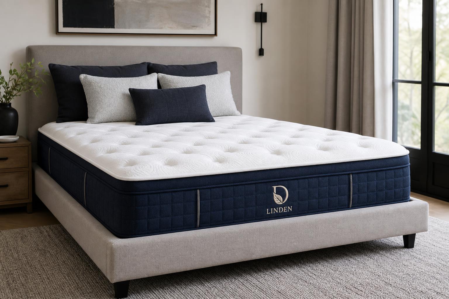 A warm, softly lit bedroom featuring the LINDEN mattress