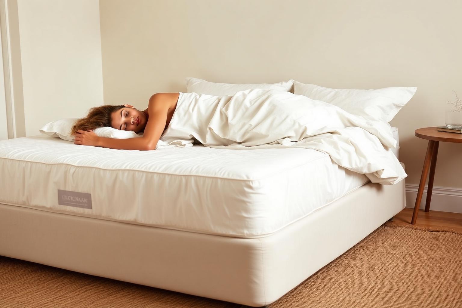 A person comfortably resting between side and back positions on a plush white mattress
