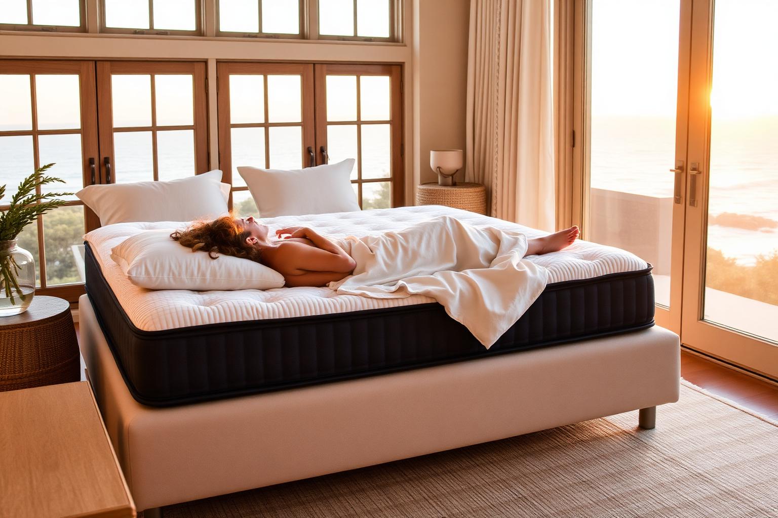 A woman sleeping cool and comfortable on a white euro-top mattress in a coastal bedroom at sunset