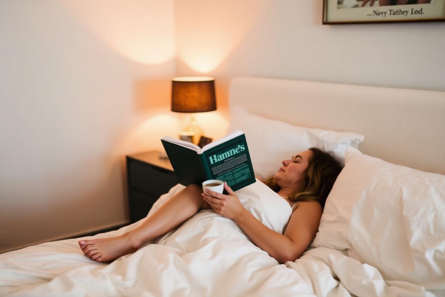 A person reading in bed at dusk with warm ambient light and a cup of tea