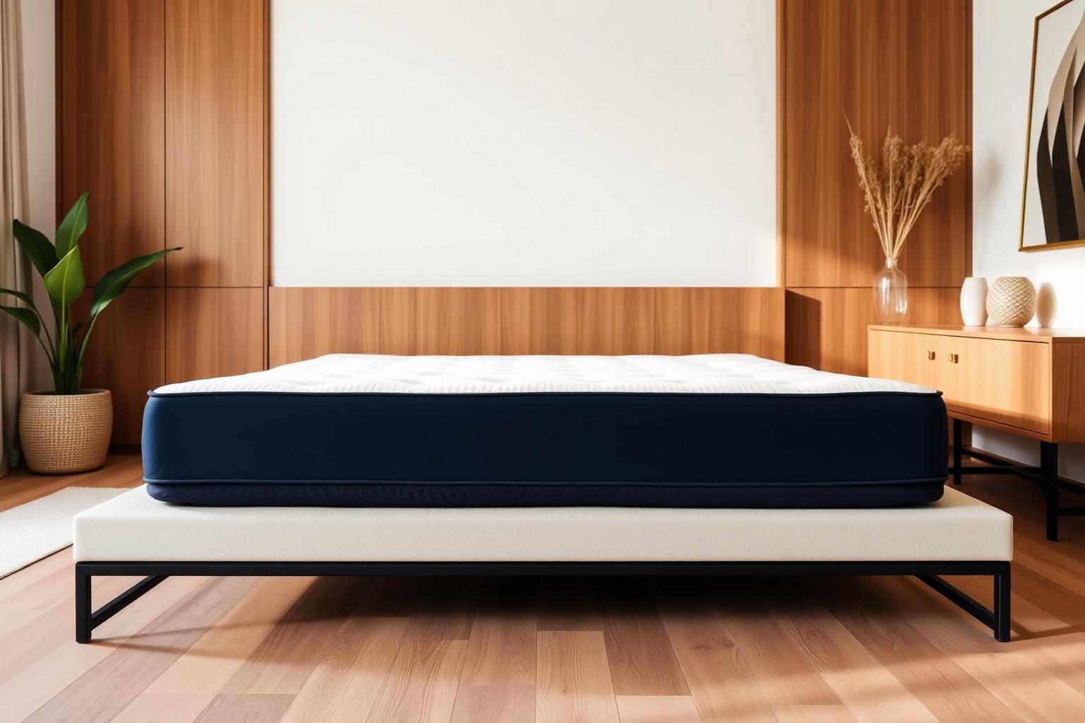 A modern platform bed with a white mattress in a warm minimalist bedroom