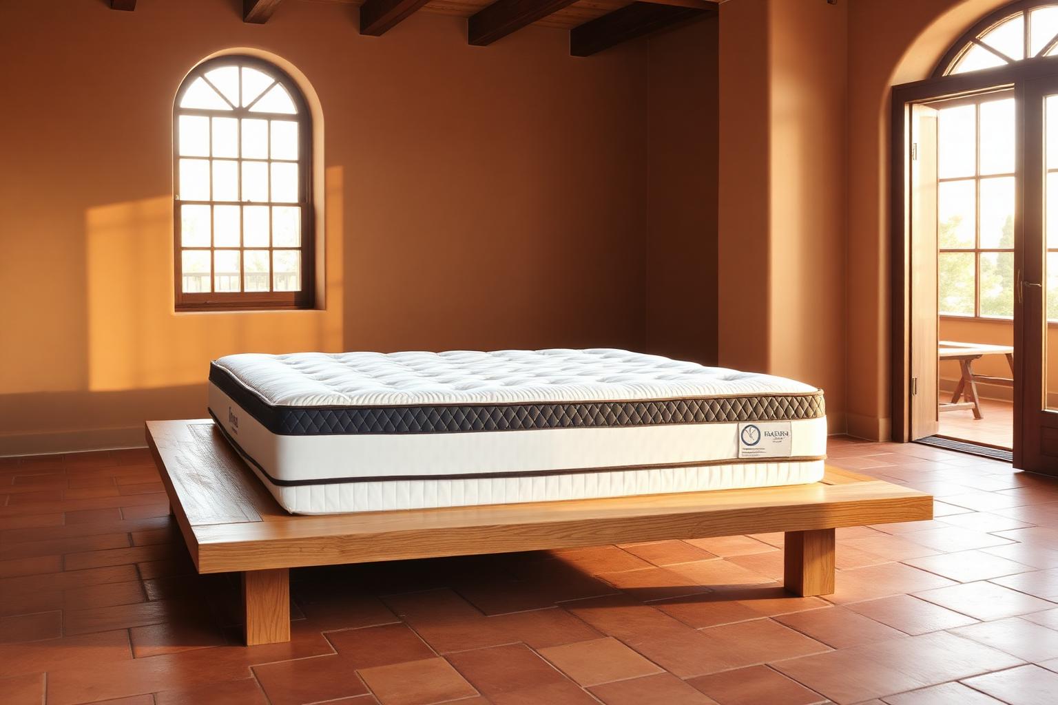 A sturdy white euro-top mattress on a solid oak platform bed in a warm terracotta-walled bedroom