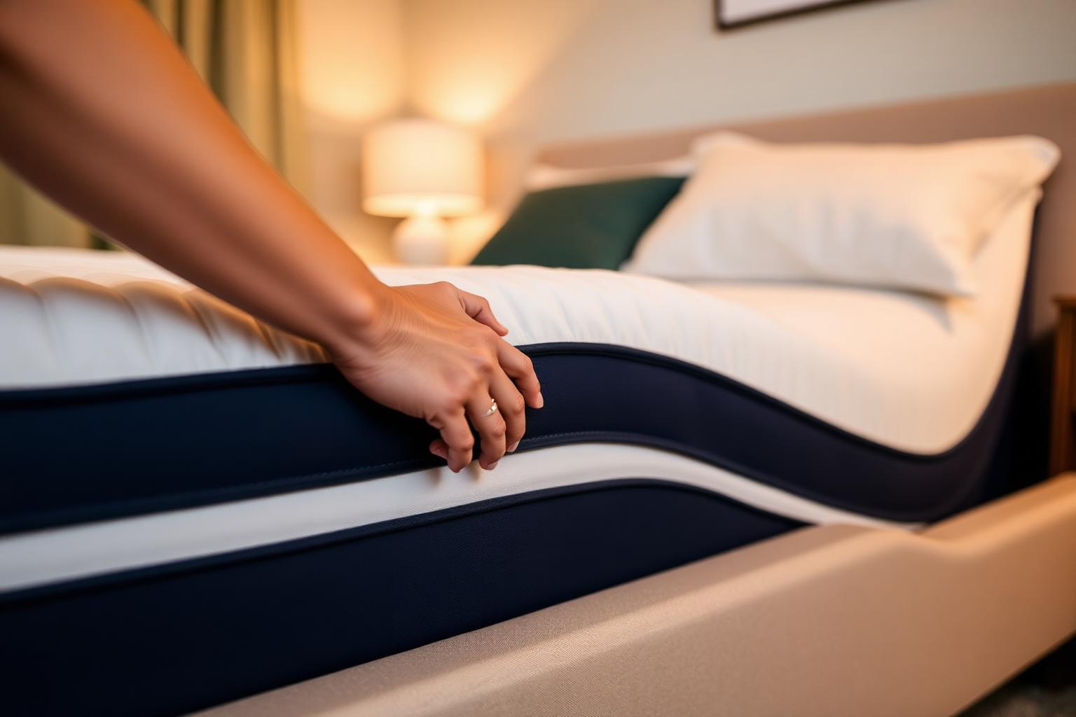 A hand adjusting an adjustable bed base in a cozy bedroom