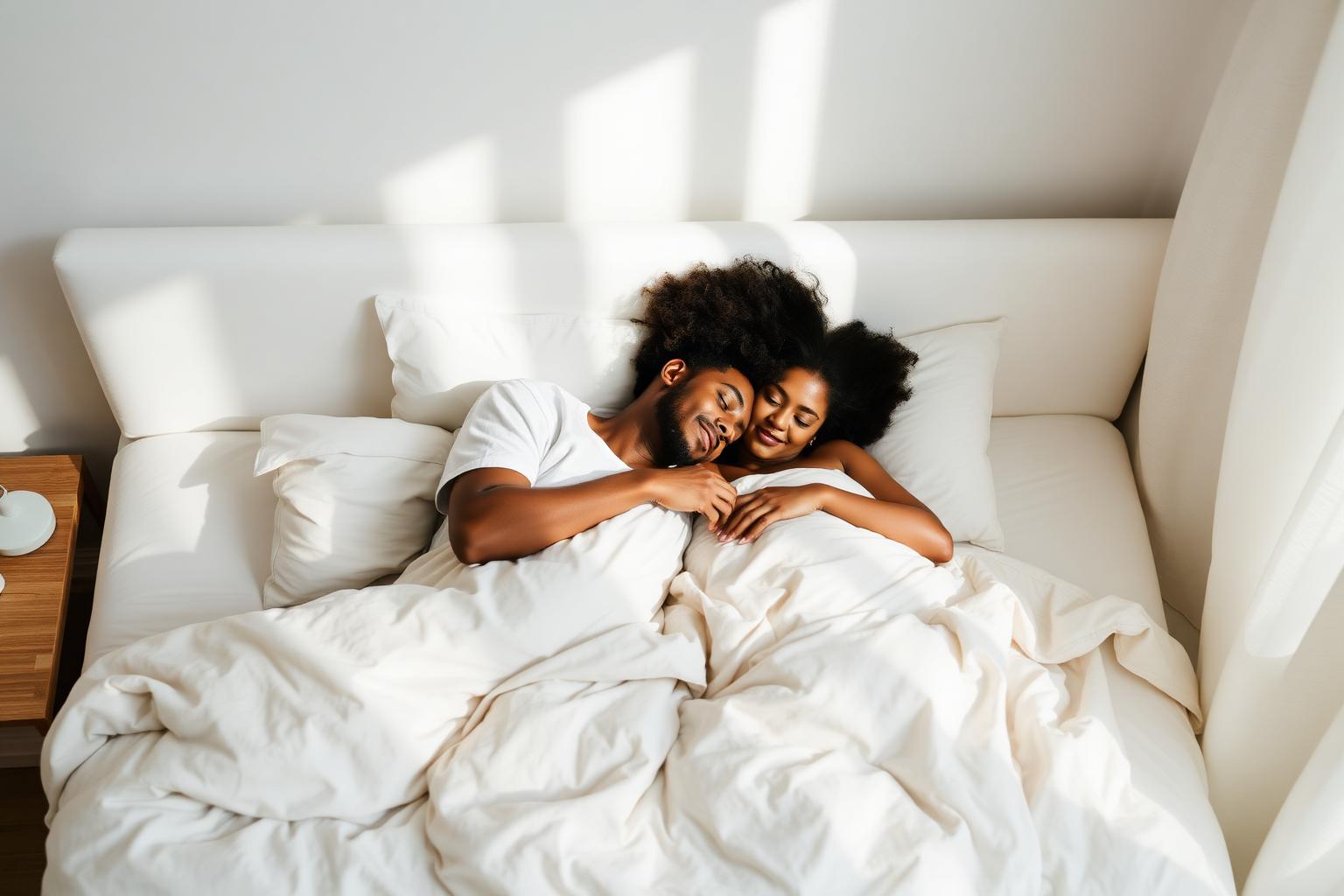 A couple sleeping peacefully together in a sunlit bedroom