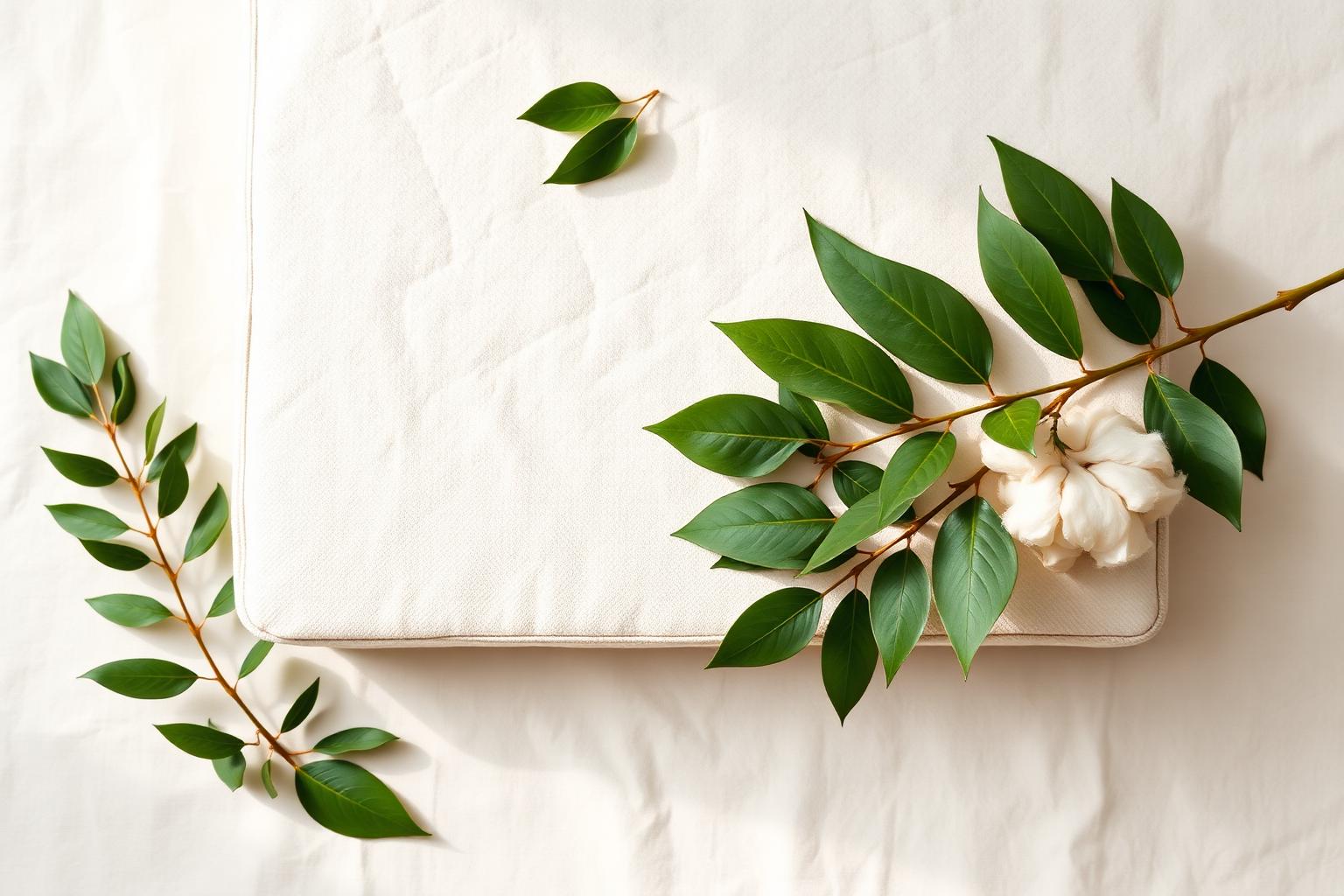 Natural cotton and latex materials arranged on soft ivory bedding
