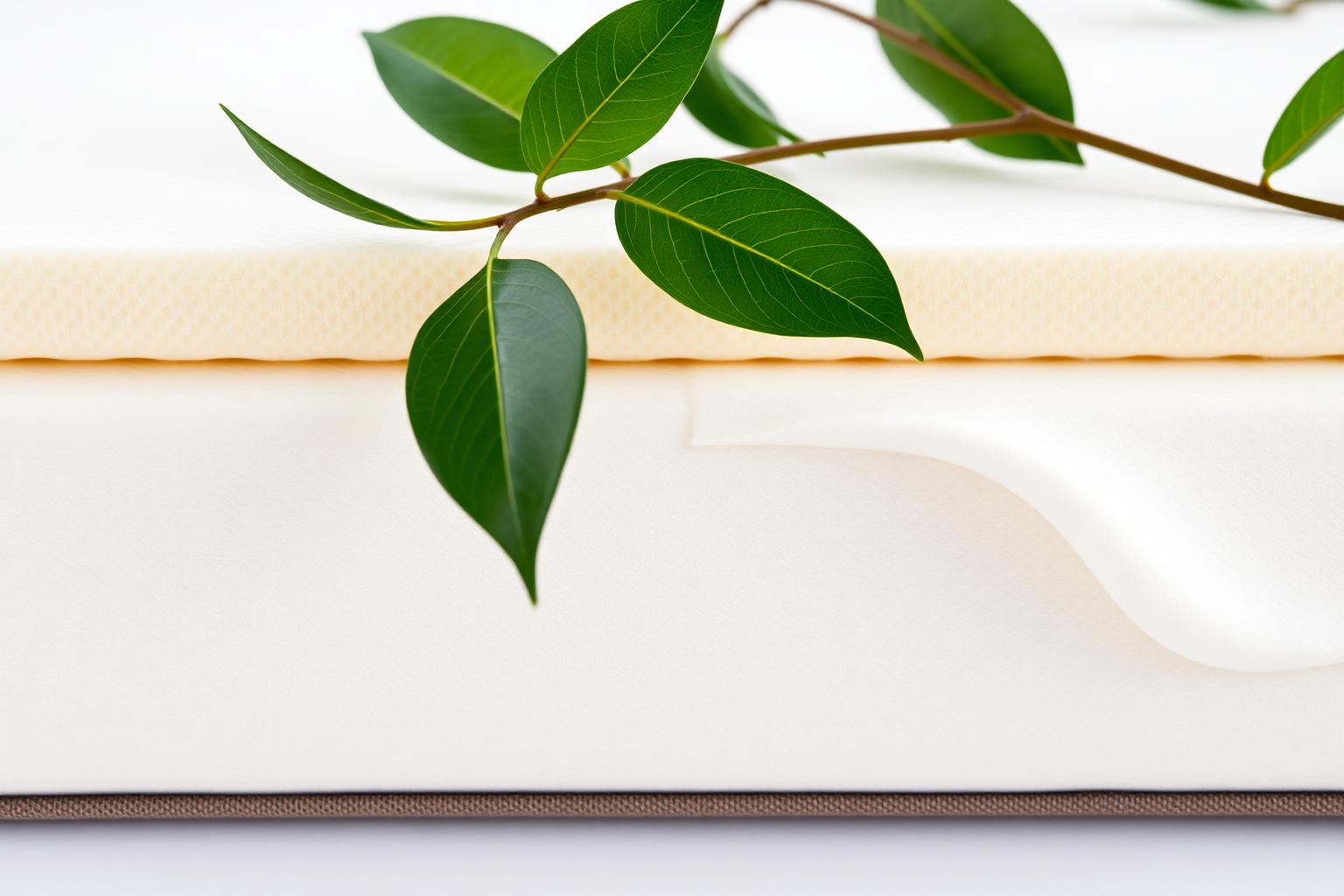Close-up of natural latex and memory foam layers with fresh green leaves