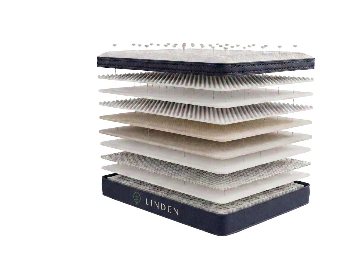 Exploded view showing the internal comfort and support layers of the LINDEN mattress