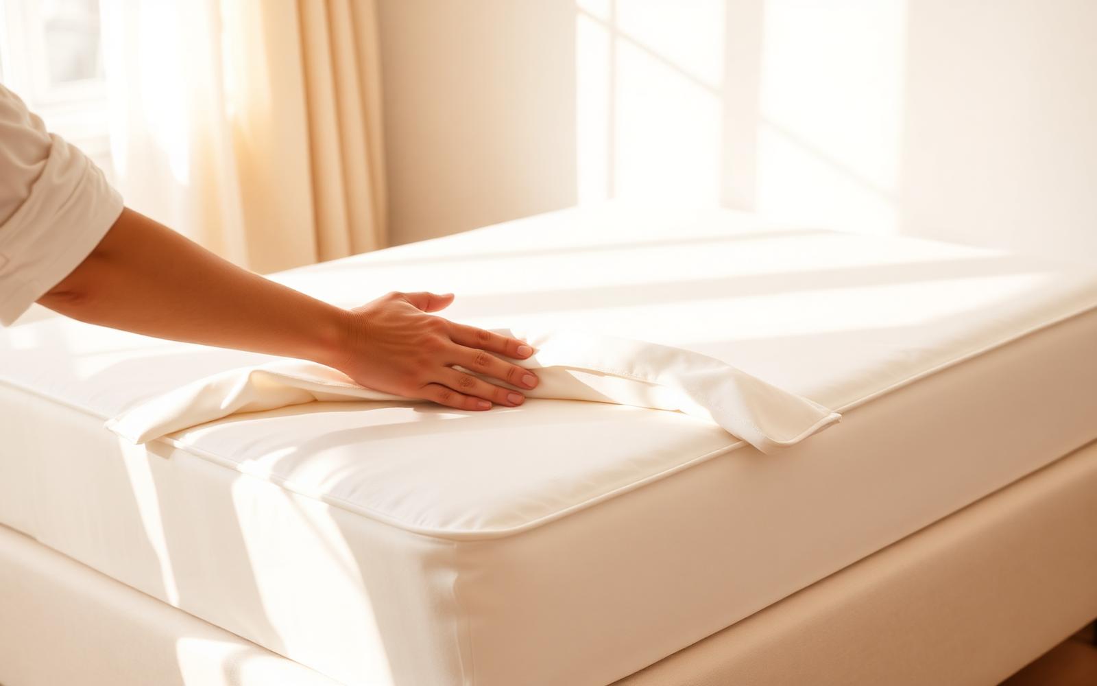 Hands smoothing a white mattress protector over a bare mattress corner in a sunlit bedroom