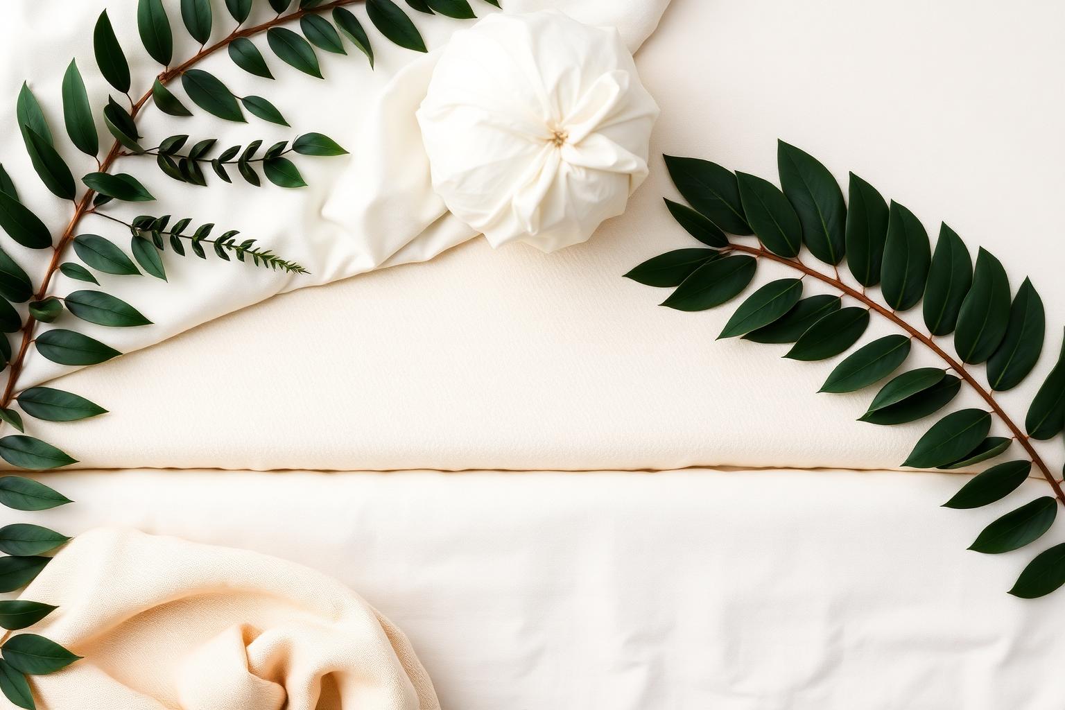 Natural mattress materials including cotton, latex, and wool with green leaves on ivory linen