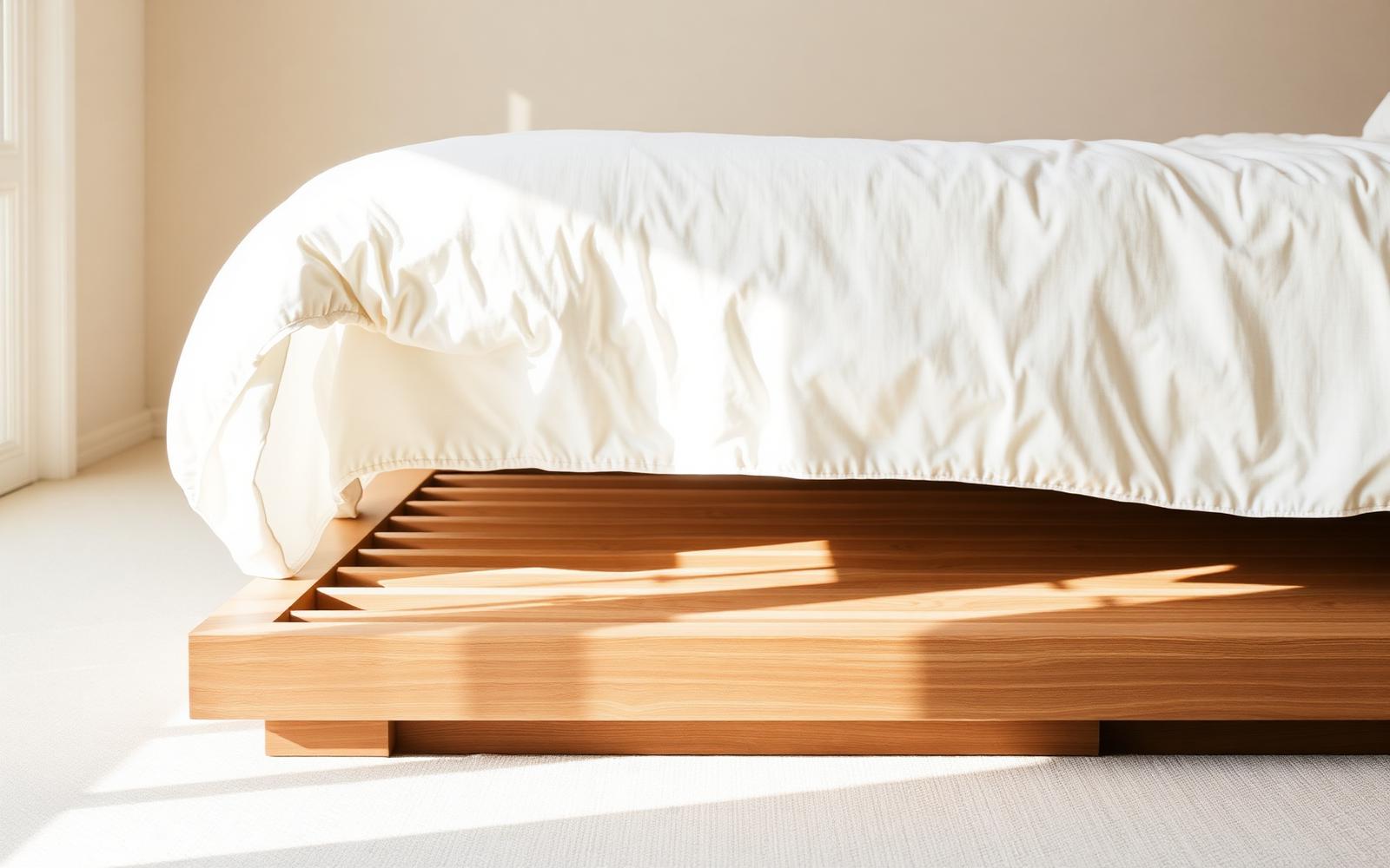A low wooden slatted platform bed foundation beneath a mattress corner in soft daylight