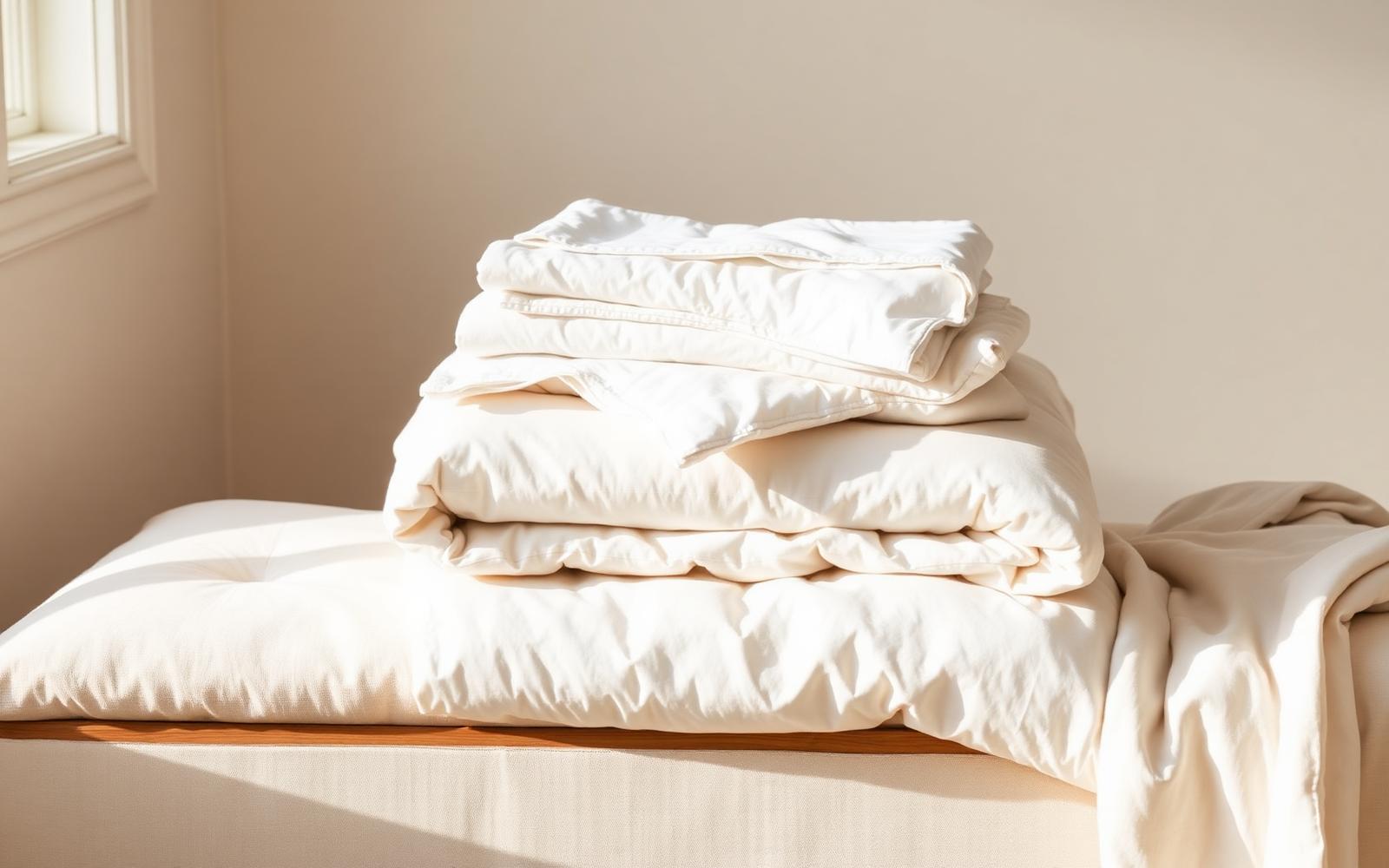 Folded ivory sheets, a duvet, and a comforter stacked on a bench in morning light