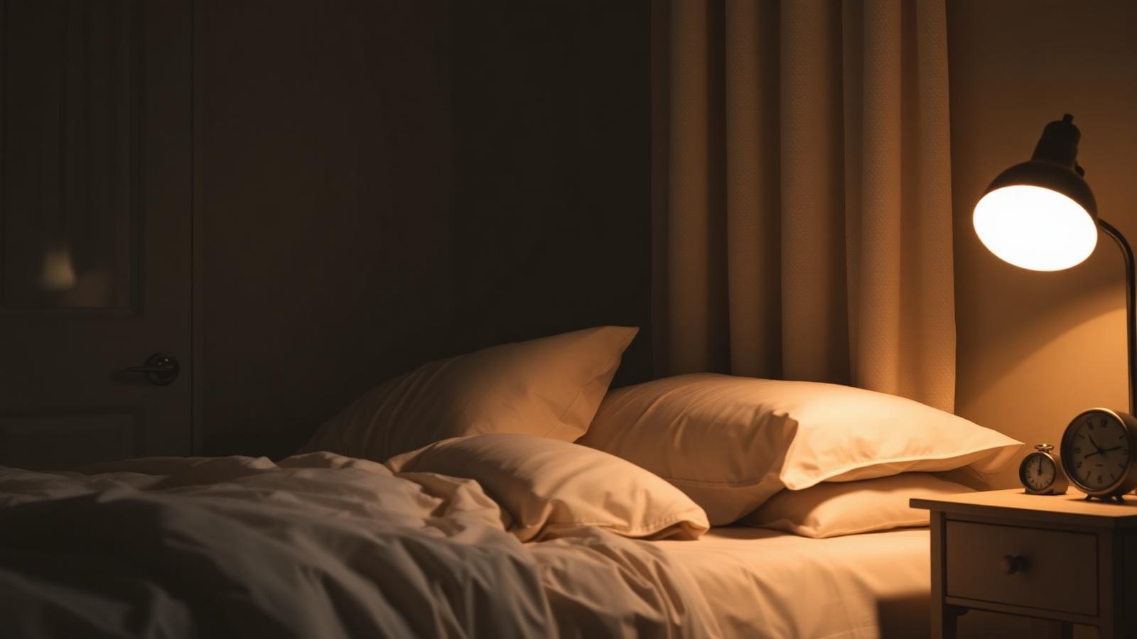 A dim bedroom lit by a warm bedside lamp with a clock on the nightstand